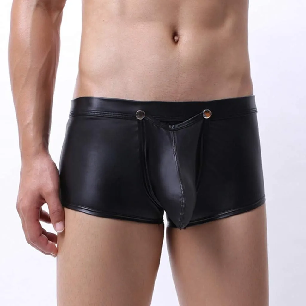 Mens Faux Leather Trunks Underwear Low Waisted Removable Bulge Pouch Boxer Briefs Erotic Hollow Out Underpants Shorts