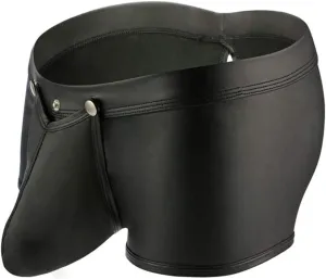 Mens Faux Leather Trunks Underwear Low Waisted Removable Bulge Pouch Boxer Briefs Erotic Hollow Out Underpants Shorts