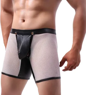 Mens Fishnet Boxers Underwear Sexy See Through Leather Bulge Ball Pouch Boxers Long Lightweight Comfy Clubwear Briefs