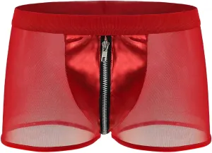 Men's Front Zipper Mesh Trunks With Faux Leather See-through Sheer Boxer Briefs Low Waisted Bulge Pouch Underwear Shorts