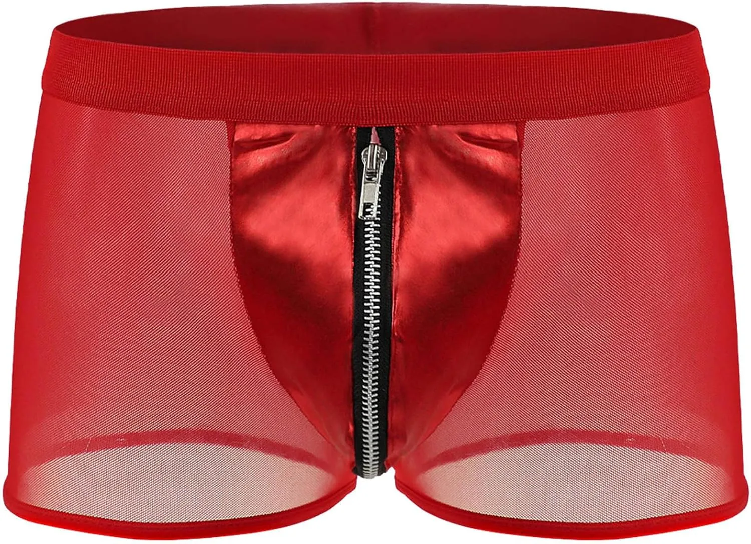 Men's Front Zipper Mesh Trunks With Faux Leather See-through Sheer Boxer Briefs Low Waisted Bulge Pouch Underwear Shorts