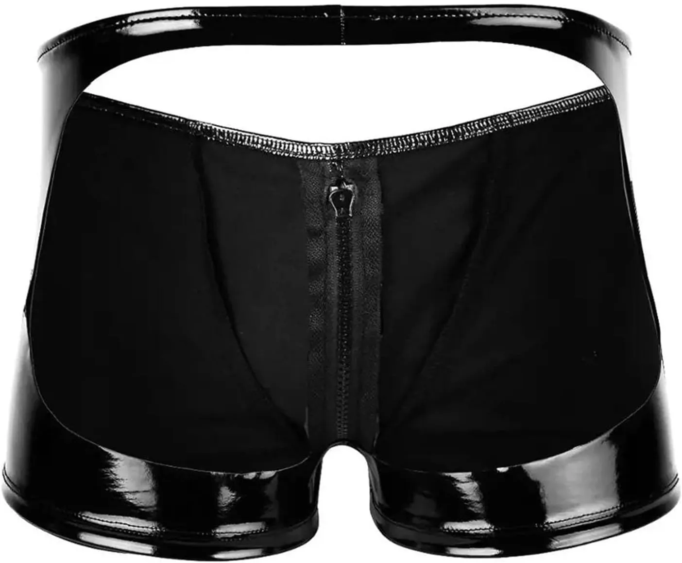 Men's Front Zipper Open Back Boxer Briefs With Faux Leather Hollow Out Low Waisted Fashion Underpants Shorts Stretch Lingerie