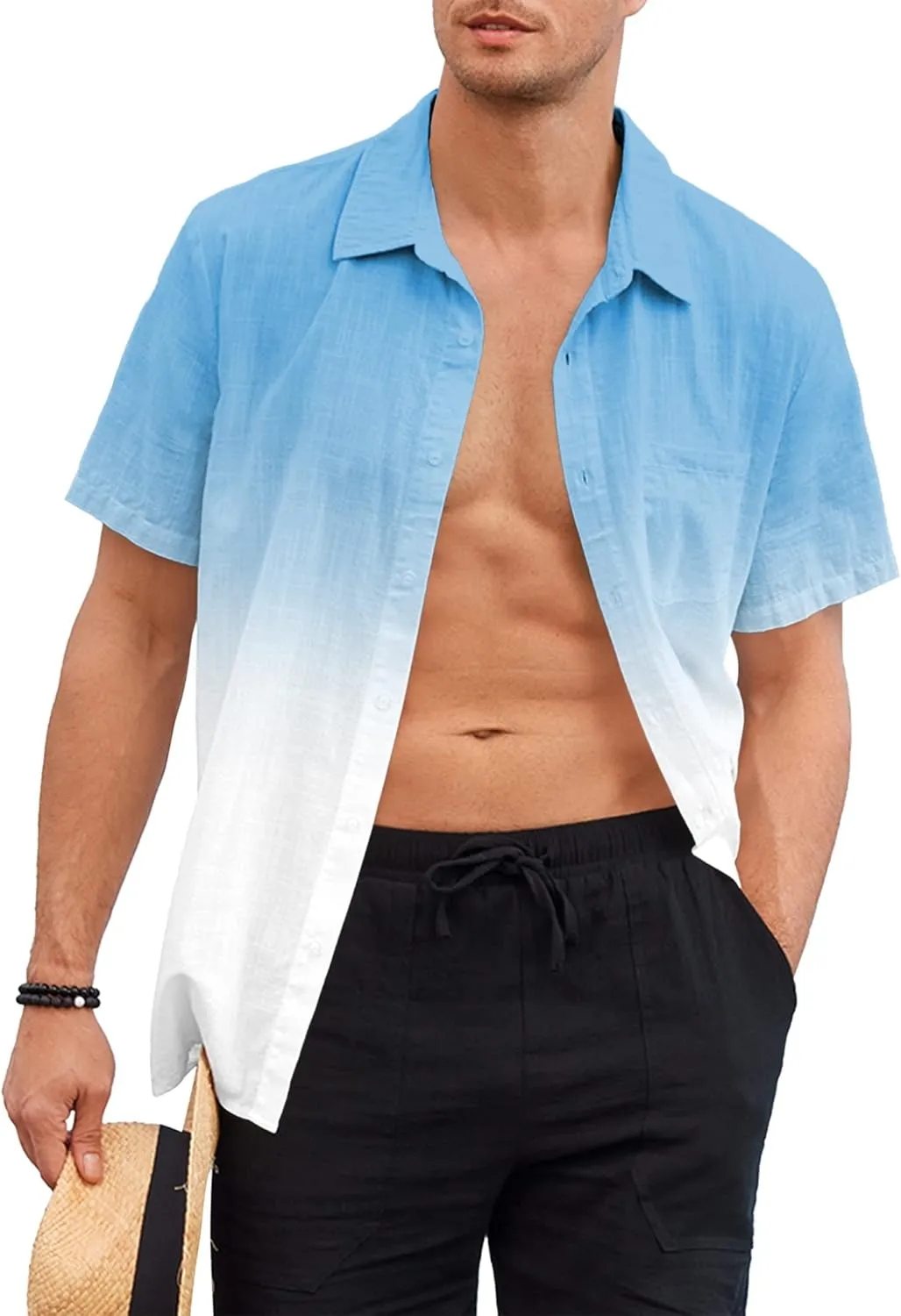 Mens Gradient Linen Shirts Casual Button Down Short Sleeve Beach Summer Shirts
