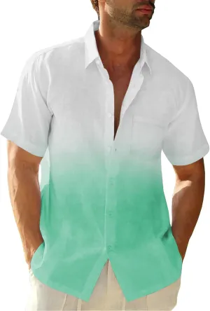 Mens Gradient Linen Shirts Casual Button Down Short Sleeve Beach Summer Shirts