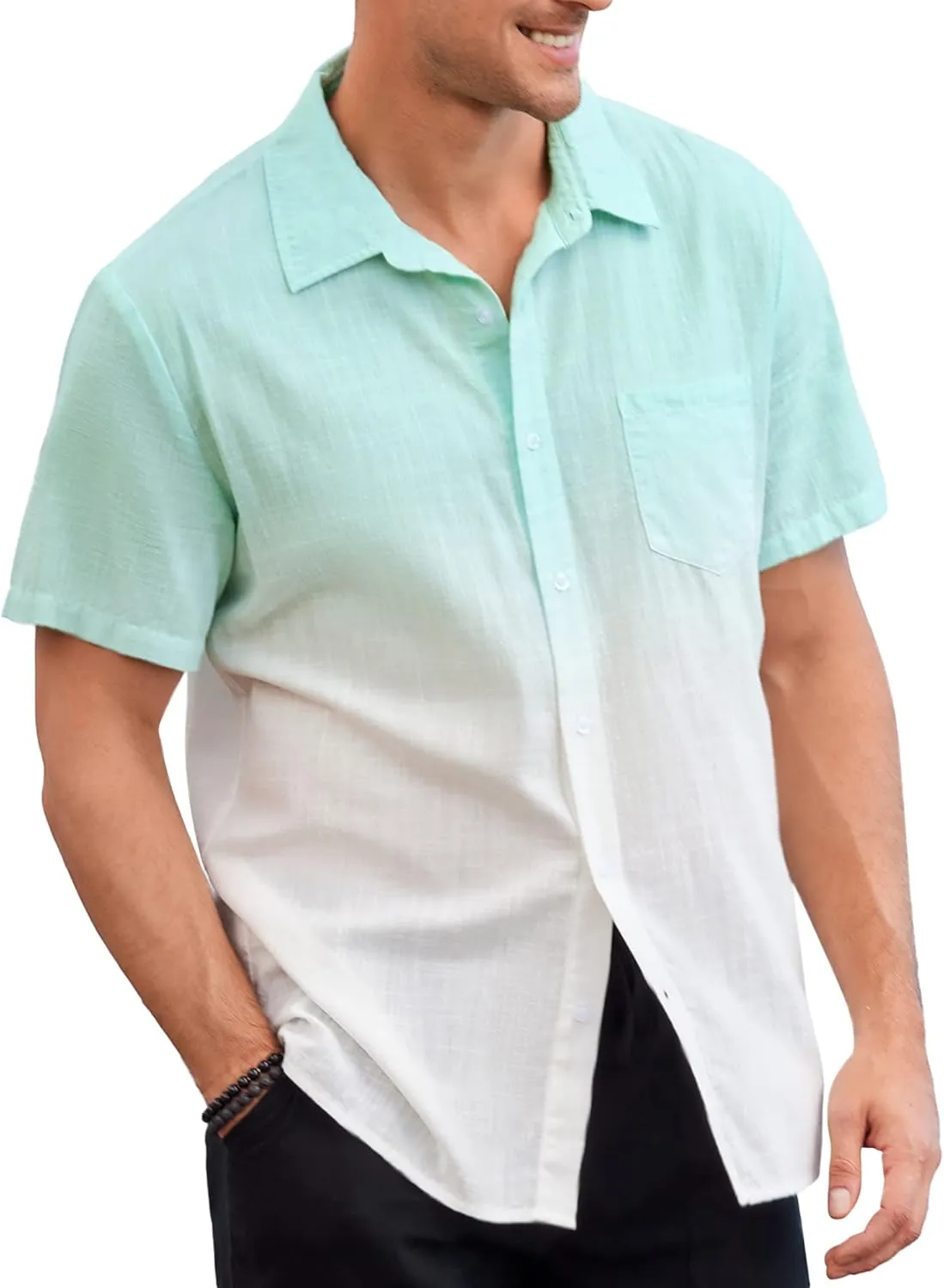 Mens Gradient Linen Shirts Casual Button Down Short Sleeve Beach Summer Shirts