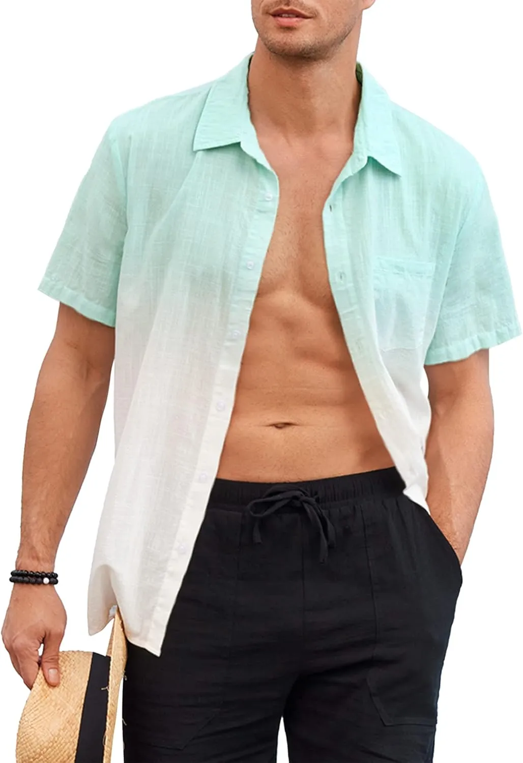 Mens Gradient Linen Shirts Casual Button Down Short Sleeve Beach Summer Shirts