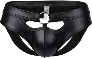 Mens Leather Underwear Sexy Bulge Pouch Hollow Out Low-Rise Panties Open Buttocks Breathable Seductive Trendy Briefs Black