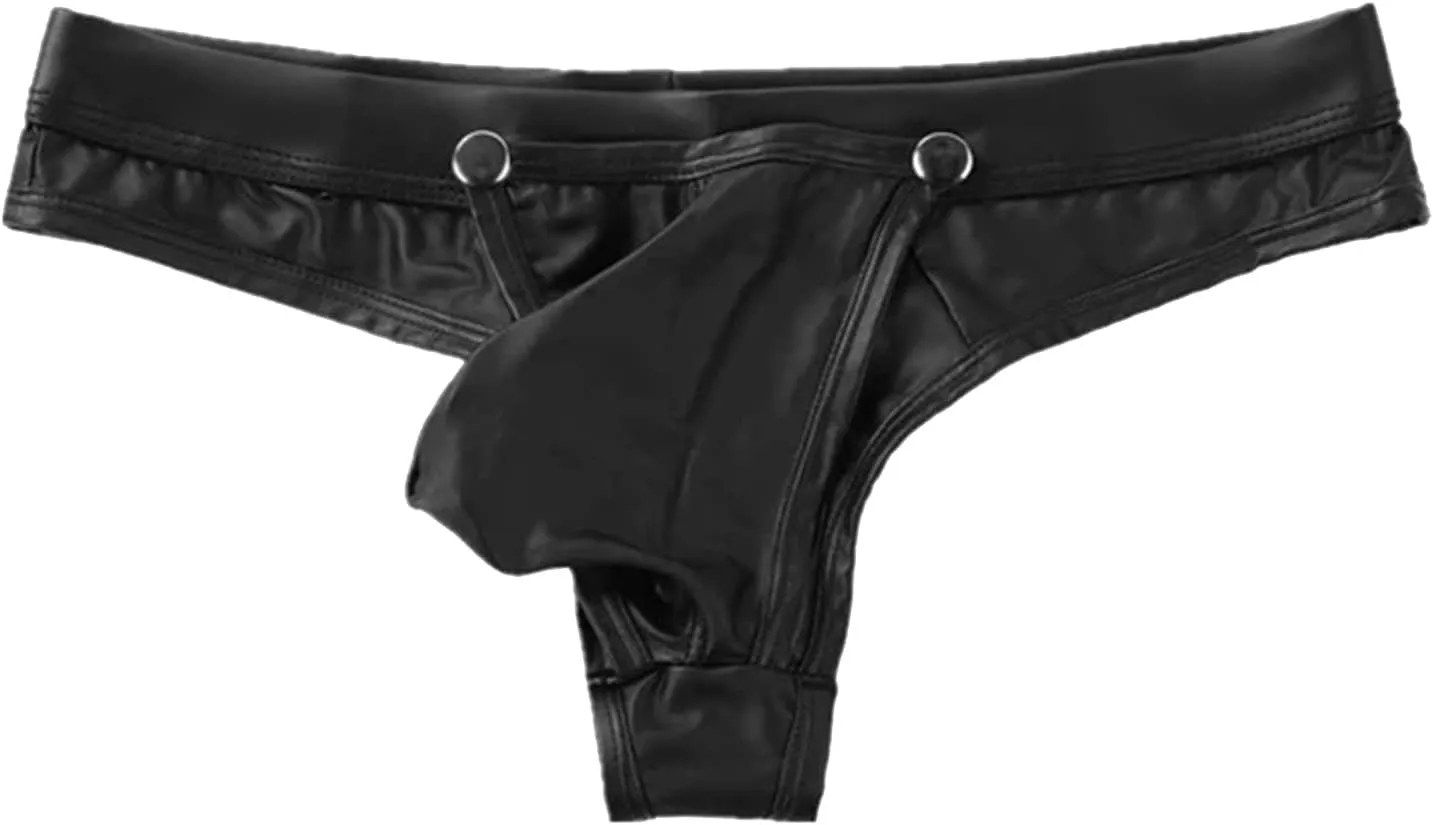 Mens Lingerie Leather Open Front Removable Pouch Briefs Low Rise Erotic G String Thong Bikini Clubwear Underwear