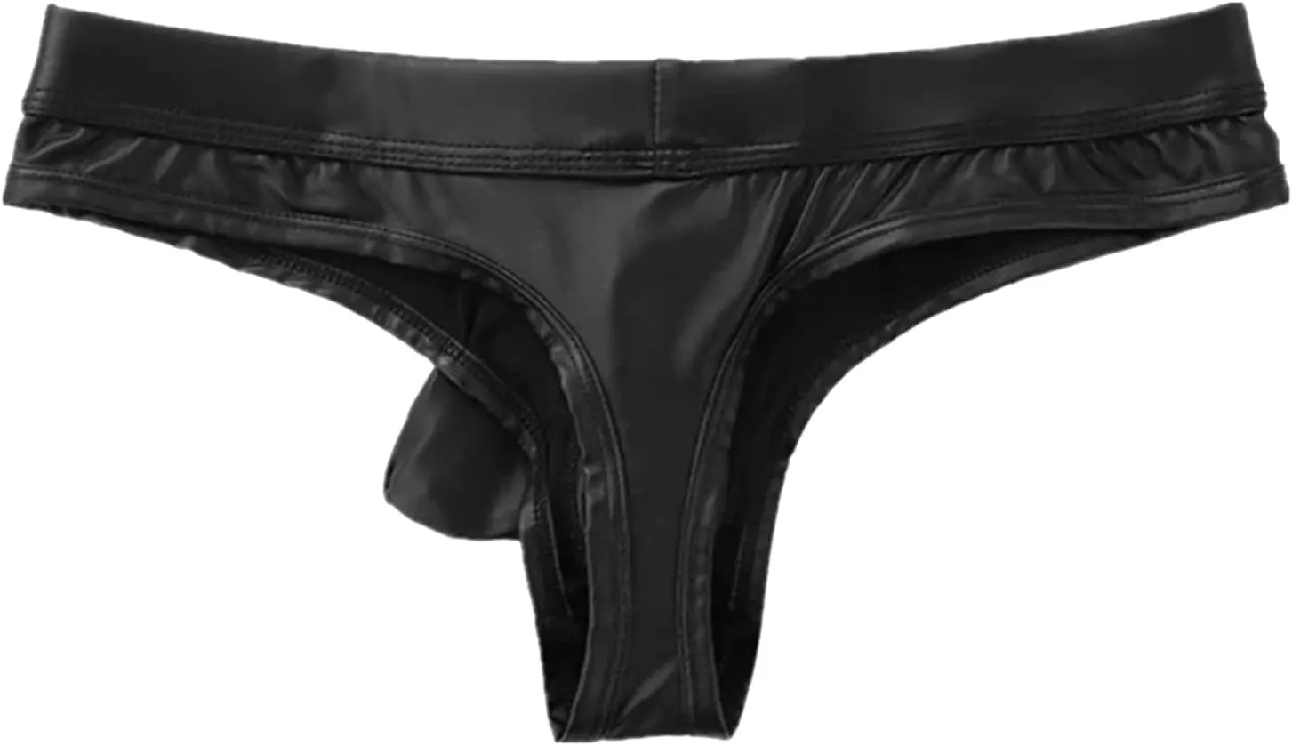 Mens Lingerie Leather Open Front Removable Pouch Briefs Low Rise Erotic G String Thong Bikini Clubwear Underwear