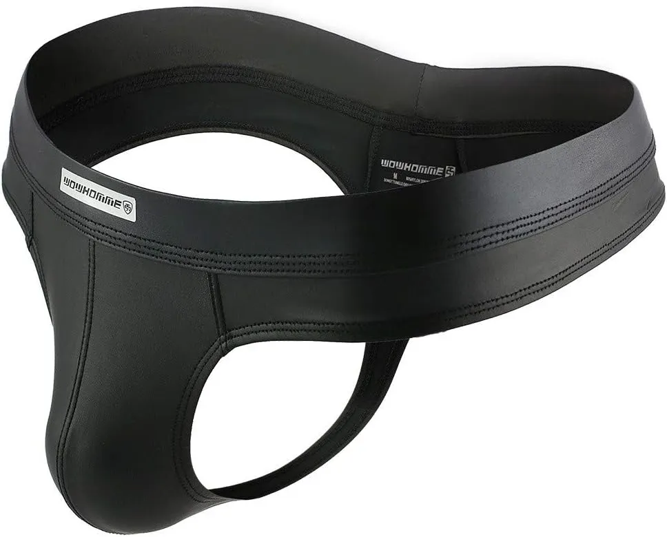 Mens Novelty Thong Jockstrap Underwear Faux Leather Lingerie Sexy Panties for Gay Bulge Pouch Athletic Supporter
