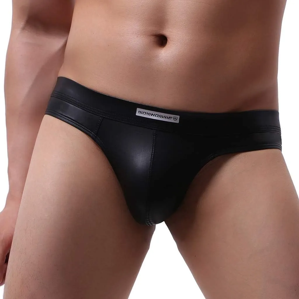 Mens Novelty Thong Jockstrap Underwear Faux Leather Lingerie Sexy Panties for Gay Bulge Pouch Athletic Supporter