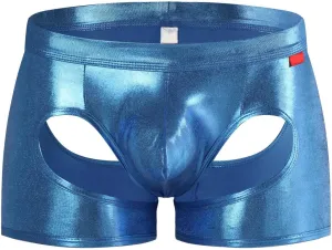 Men's Open Front Boxer Briefs Trunks With Faux Leather Low Waisted Bulge Pouch Lingerie Hollow Out Stretch Underpants Shorts Blue One Size