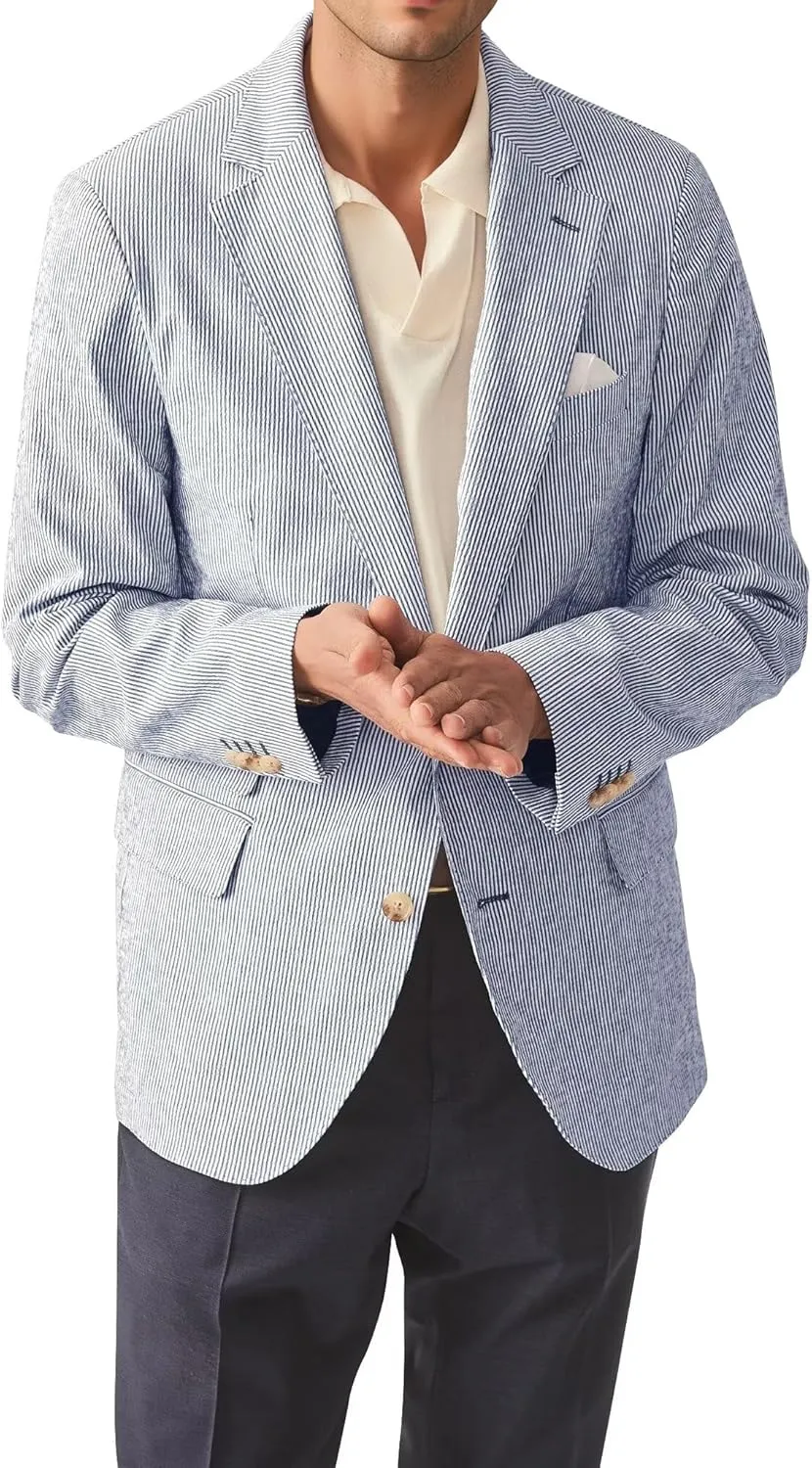 Mens Seersucker Blazer Jacket Regular Fit Summer Blazer for Men Lightweight Seersucker Wedding Suit Jacket