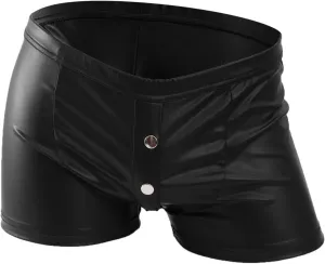 Mens Shorts With Detachable Faux Leather Underwear Bag Flat Angle Leather Pants Jockstrap Supporter