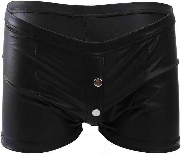 Mens Shorts With Detachable Faux Leather Underwear Bag Flat Angle Leather Pants Jockstrap Supporter