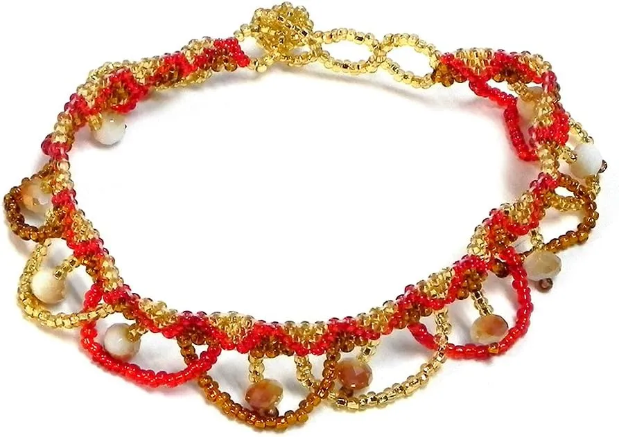 Mia Jewel Shop Czech Glass Seed Bead Loop Dangle Frill Fringe Tribal Pattern Anklet - Womens Fashion Handmade Beadwork Jewelry Boho Accessories