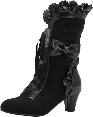 Mid Calf Boots for Women, Lace Up Victorian Boots Dress Riding Fall Shoes Vintage Witch Mid Calf Up Combat Boots With Bow