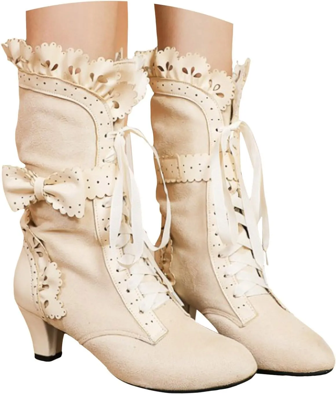 Mid Calf Boots for Women, Lace Up Victorian Boots Dress Riding Fall Shoes Vintage Witch Mid Calf Up Combat Boots With Bow