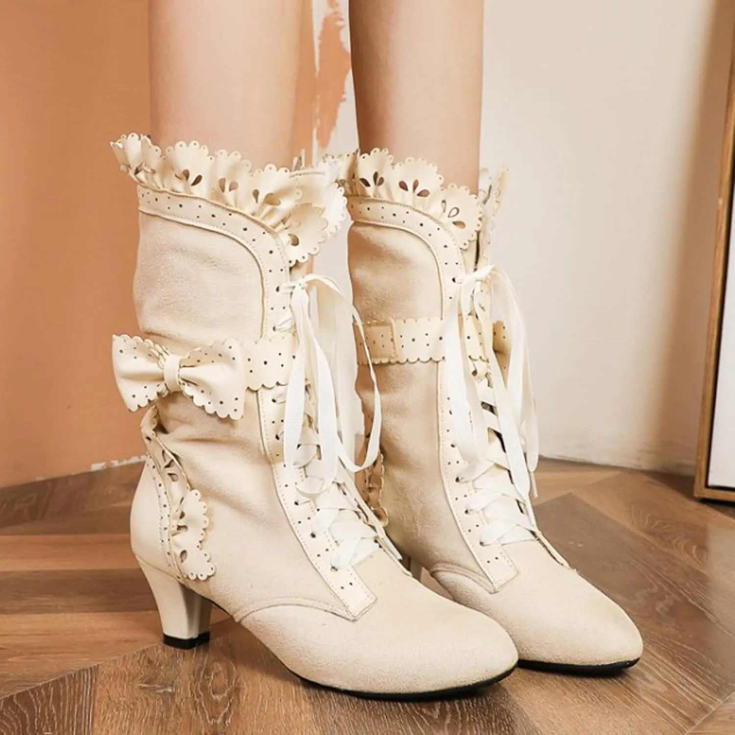 Mid Calf Boots for Women, Vintage Dress Riding Fall Shoes Lace Up Victorian Boots With Bow Witch Mid Calf Up Combat Boots