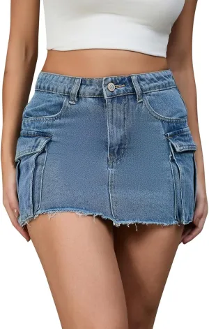 Mini Skirts for Women, 14" Length Cargo Casual Y2K Trendy Denim Short Dress Sexy Jean Skirt with Pockets for Ladies