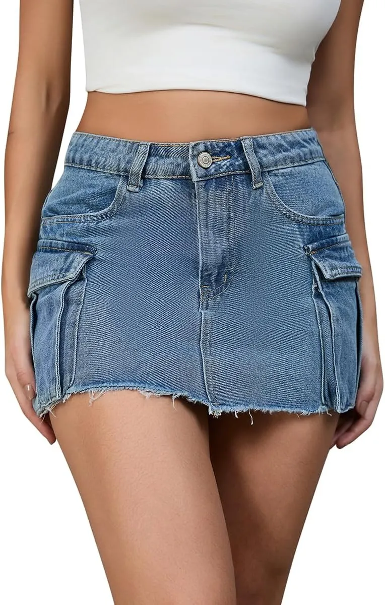 Mini Skirts for Women, 14" Length Cargo Casual Y2K Trendy Denim Short Dress Sexy Jean Skirt with Pockets for Ladies