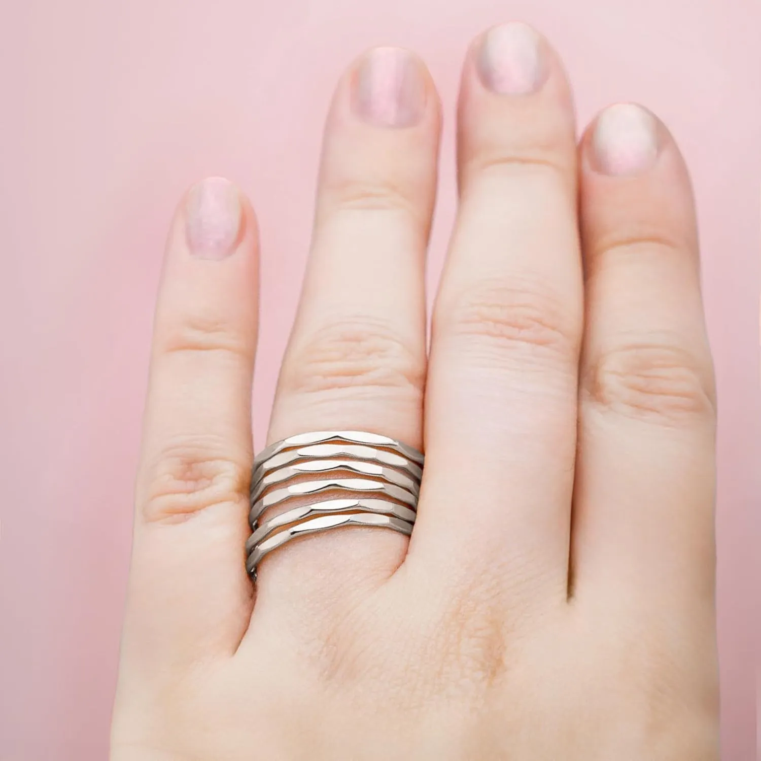 Mirror Hammered Stacking Ring | 1mm Skinny Textured Ring in Silver, Gold, or Rose Gold | Comfort Fit USA Sizes 4-12 (8.5, Sterling Silver