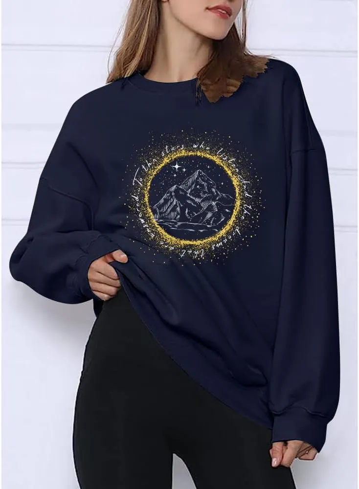 MNLYBABY Oversized Shirts Women Vintage Moon Graphic Sweatshirt Book Lover Astrology Loose Long Sleeve Top