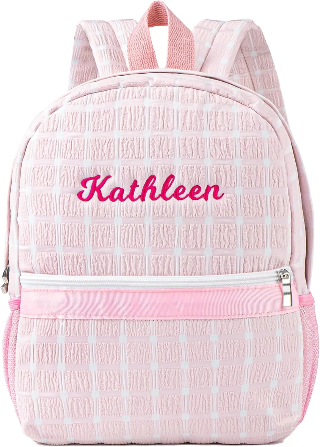 MT WORLD Daycare Backpack for Girls Personalized Seersucker Toddler Backpack With Embroidered Name Small Kids Plaid Bookbag Monogram Infant Diaper Bags for Daily Birthday Christmas Custom Gifts (Pink)