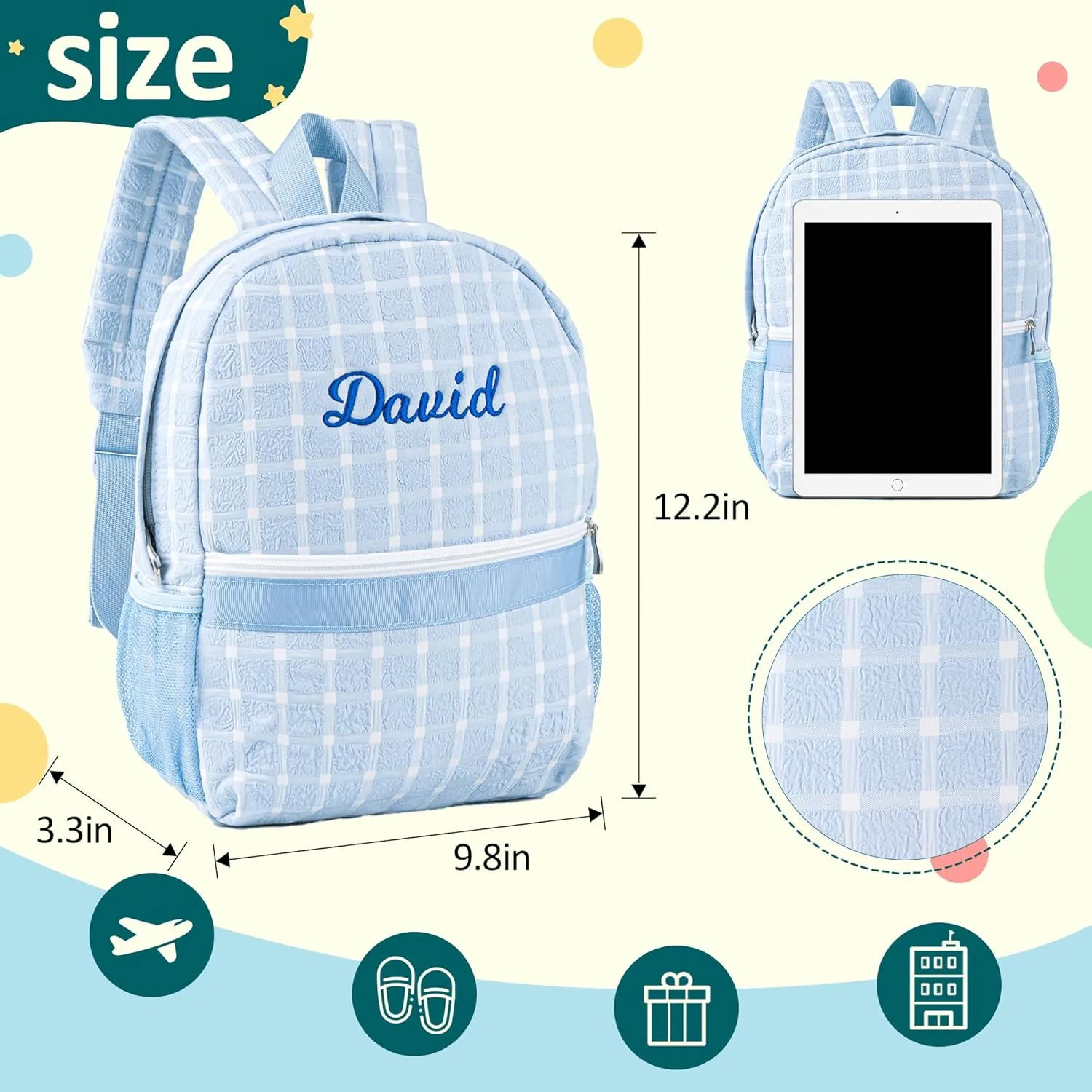 MT WORLD Toddler Daycare Backpack Personalized Seersucker Toddler Backpack With Embroidered Name Small Kids Plaid Bookbag Monogram Infant Diaper Bags for Daily Birthday Christmas Custom Gifts (Blue)