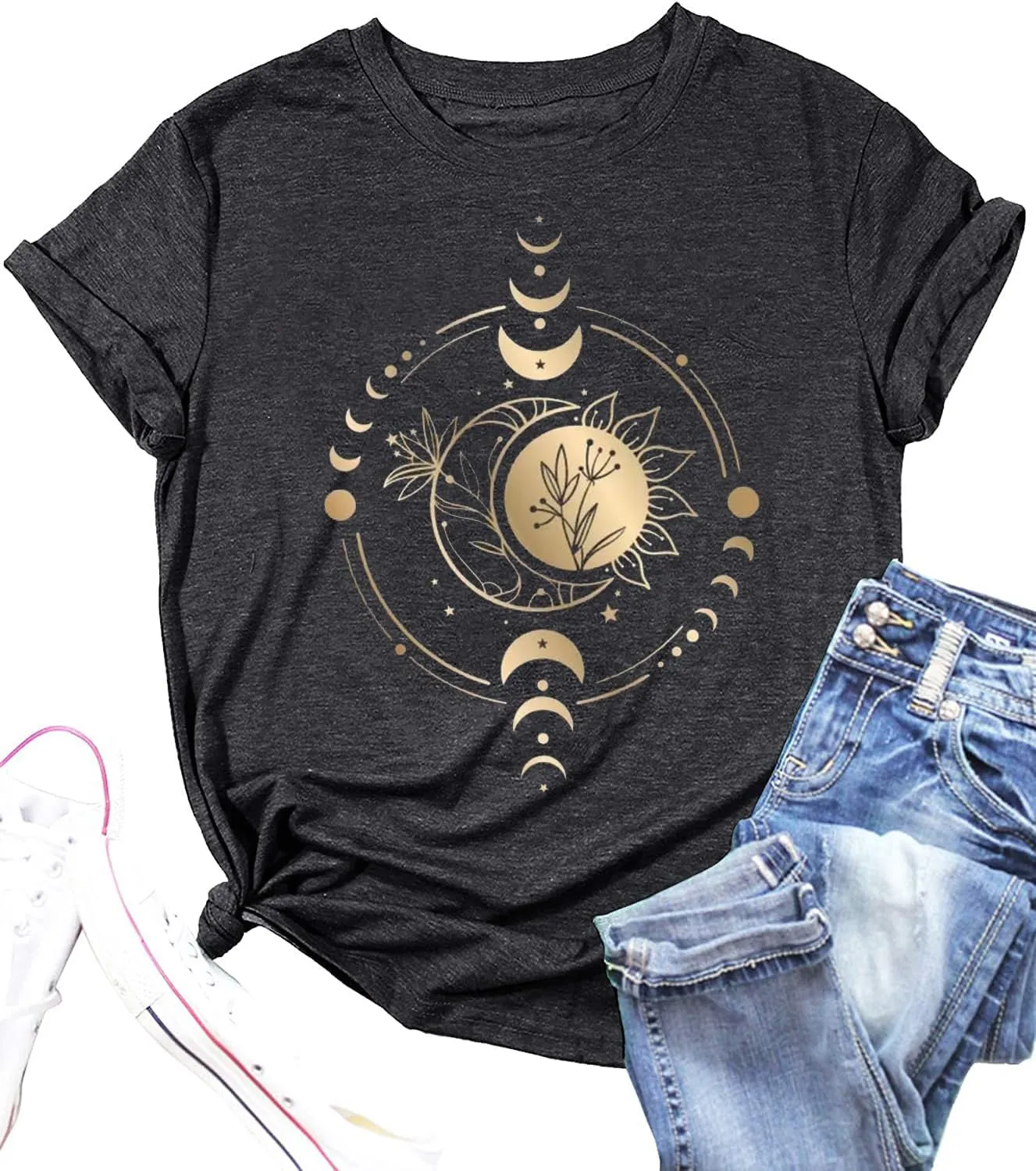 Mystic Moon and Sun Shirt Women Mystical Moon Phase Tshirt Boho Vintage Moon Graphic Tee Celestial Moon Tops