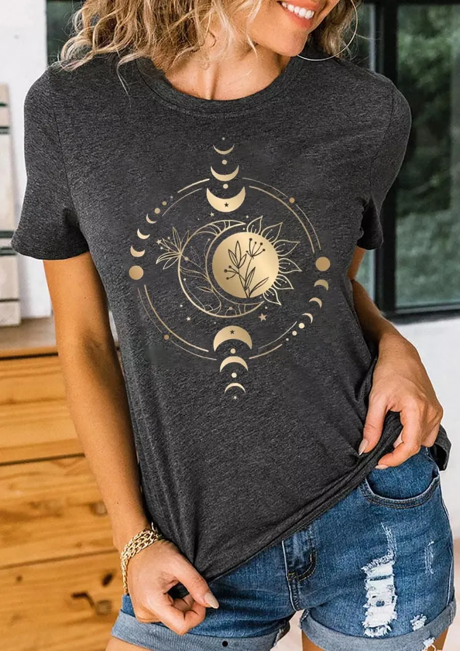 Mystic Moon and Sun Shirt Women Mystical Moon Phase Tshirt Boho Vintage Moon Graphic Tee Celestial Moon Tops