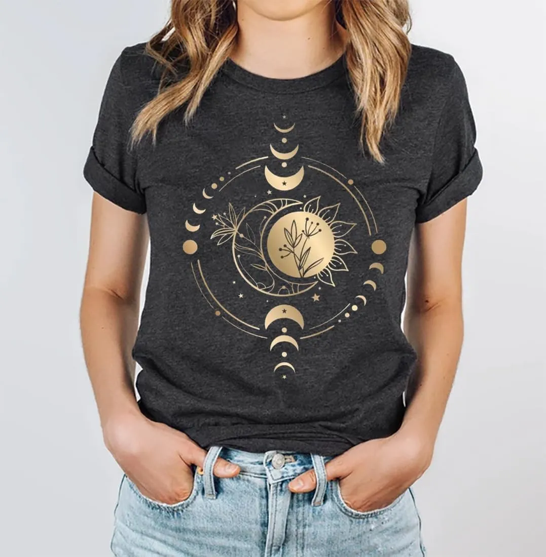 Mystic Moon and Sun Shirt Women Mystical Moon Phase Tshirt Boho Vintage Moon Graphic Tee Celestial Moon Tops