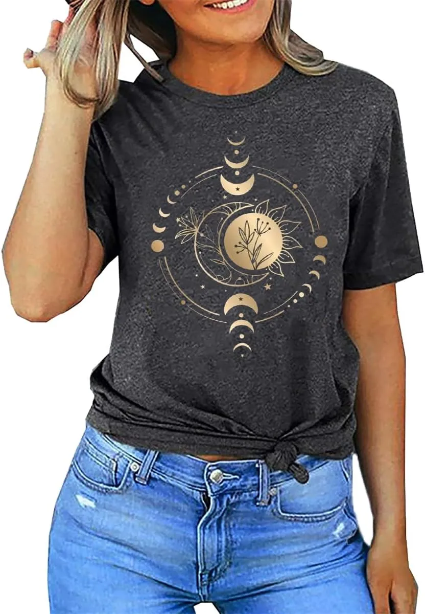 Mystic Moon and Sun Shirt Women Mystical Moon Phase Tshirt Boho Vintage Moon Graphic Tee Celestial Moon Tops