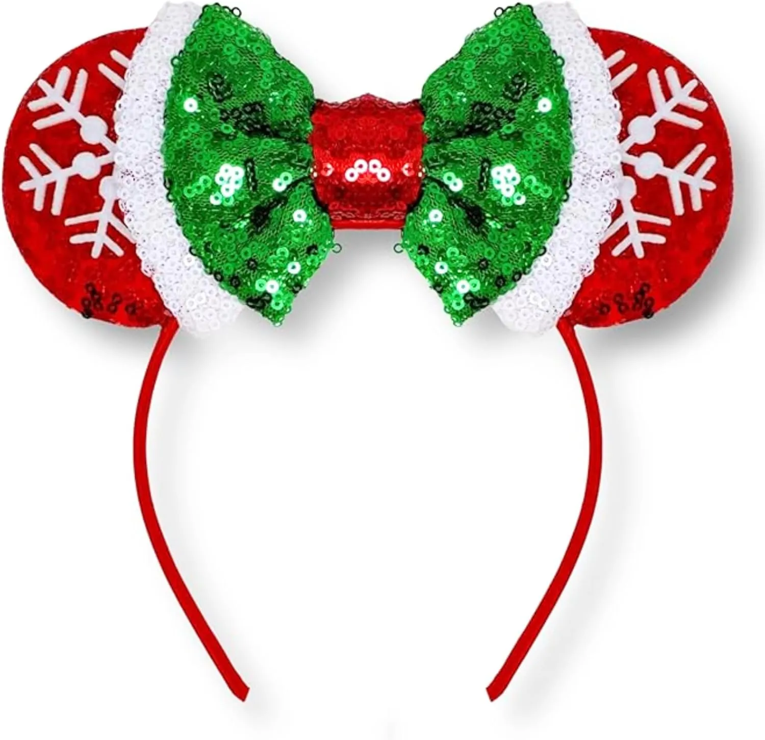 Needzo Christmas Mouse Ears Headbands for Women, Red Snowflake Headband with White and Green Sequins Bow, Christmas Hair Accessories to Wear, One Size Fits Most