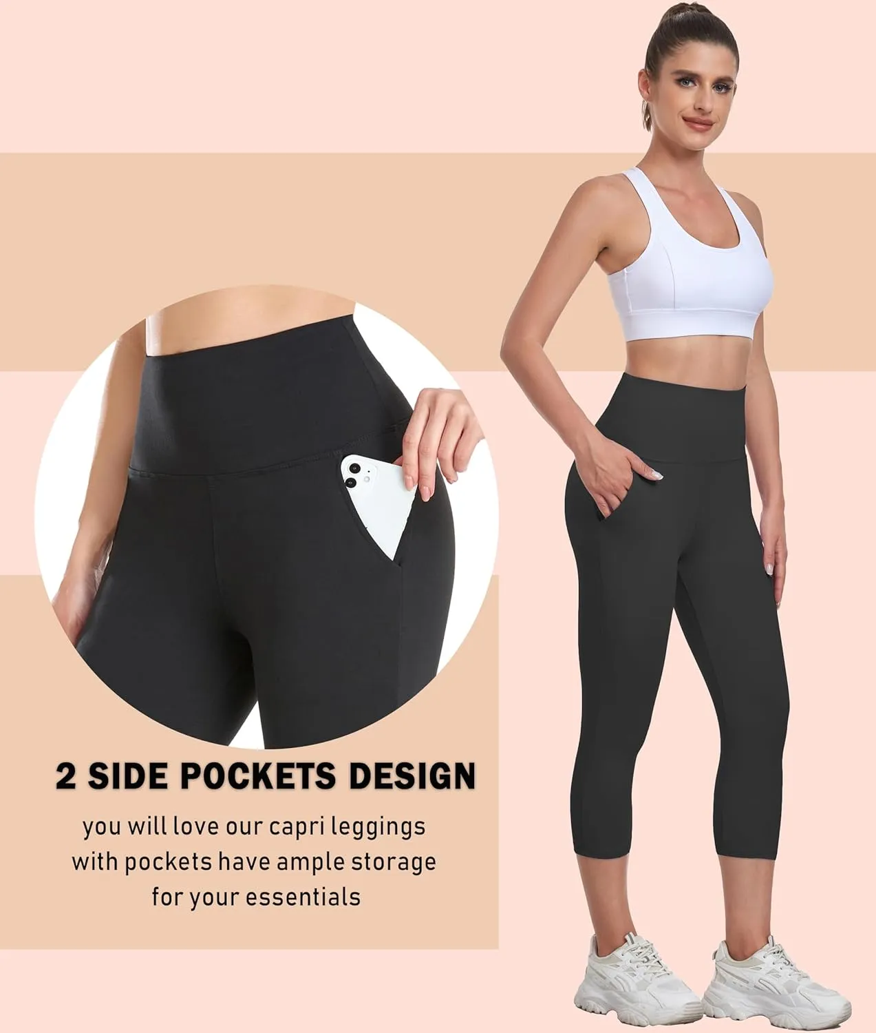 NEW YOUNG Capri Leggings with Pockets for Women High Waisted Workout Leggings Tummy Control Yoga Pants
