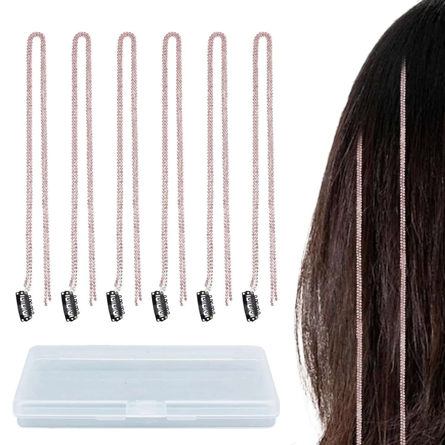 NICENEEDED 12 PCS Pink Rhinestone Hair Jewelry Chain, Glitter Crystal Headwear Trim Chain for Braiding Hair, Diamond Hair Extension Chain for Women and Girls