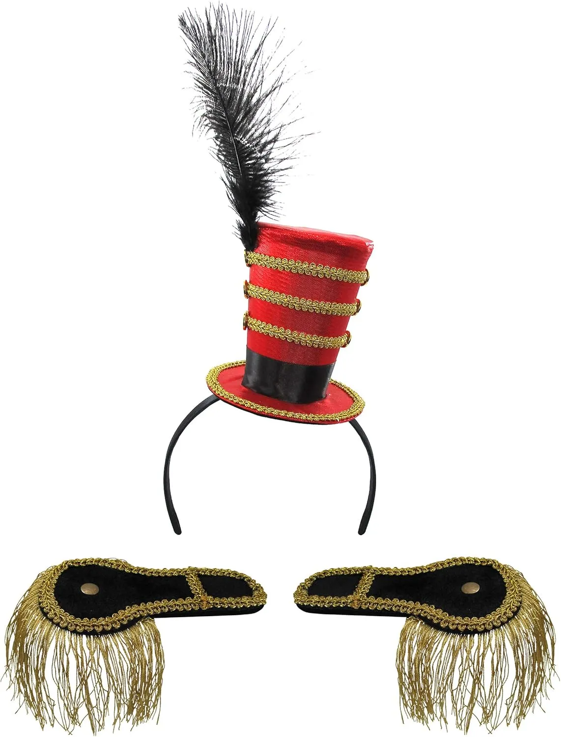 Nicky Bigs Novelties Mini Ringmaster Top Hat Headband with Black Feather and Gold Trim Shoulder Epaulettes with Gold Fringe Circus Carnival Toy Soldier Ring Leader Costume Accessory for Adults