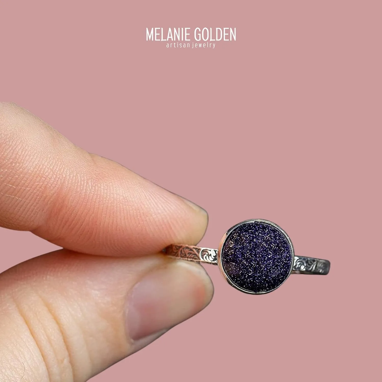Night Sky Constellation Solitaire Ring with Paisley Pattern Band in Sterling Silver with Blue Goldstone | Star Galaxy Space Jewelry | Comfort Fit USA Sizes 4-12 (8)