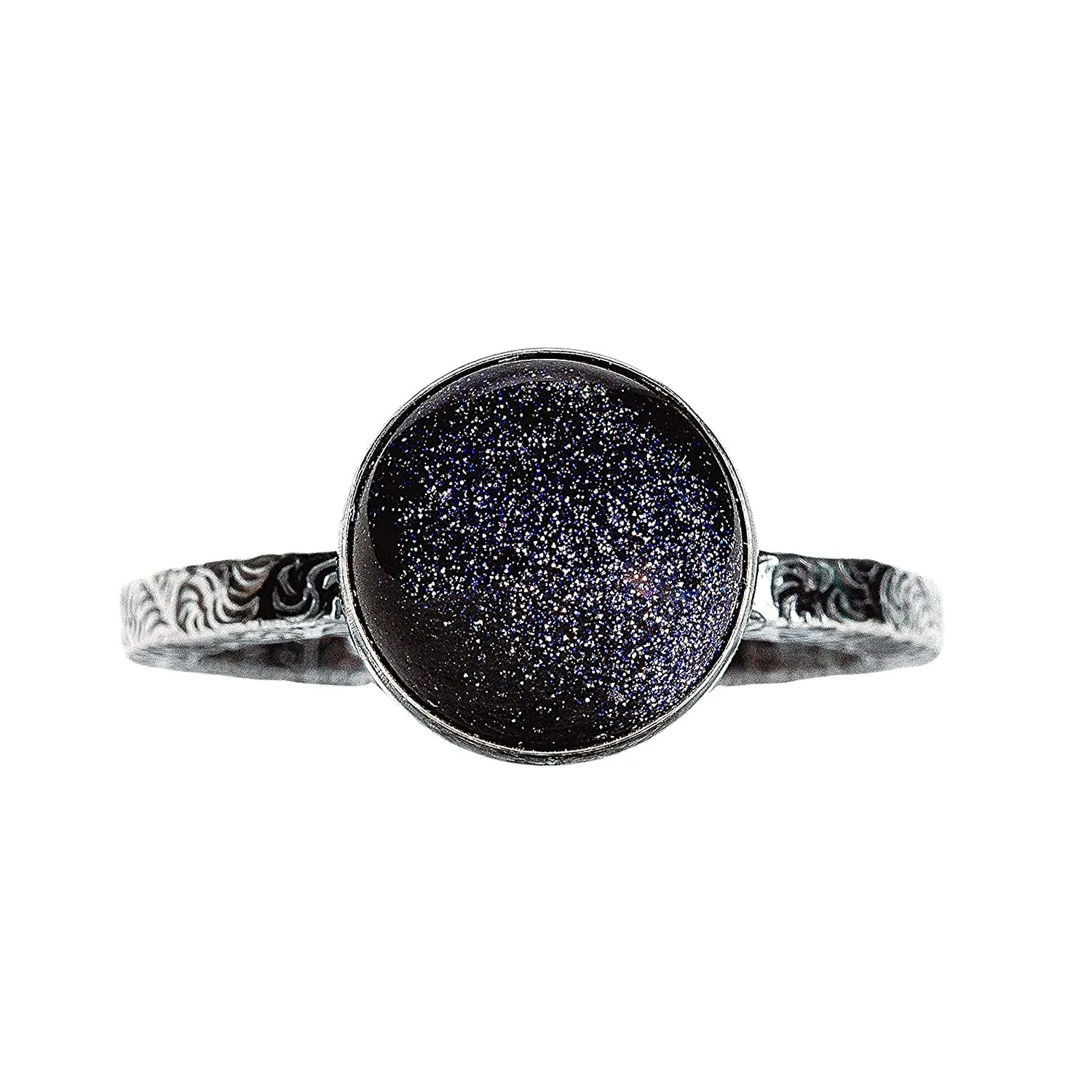 Night Sky Constellation Solitaire Ring with Paisley Pattern Band in Sterling Silver with Blue Goldstone | Star Galaxy Space Jewelry | Comfort Fit USA Sizes 4-12 (8)