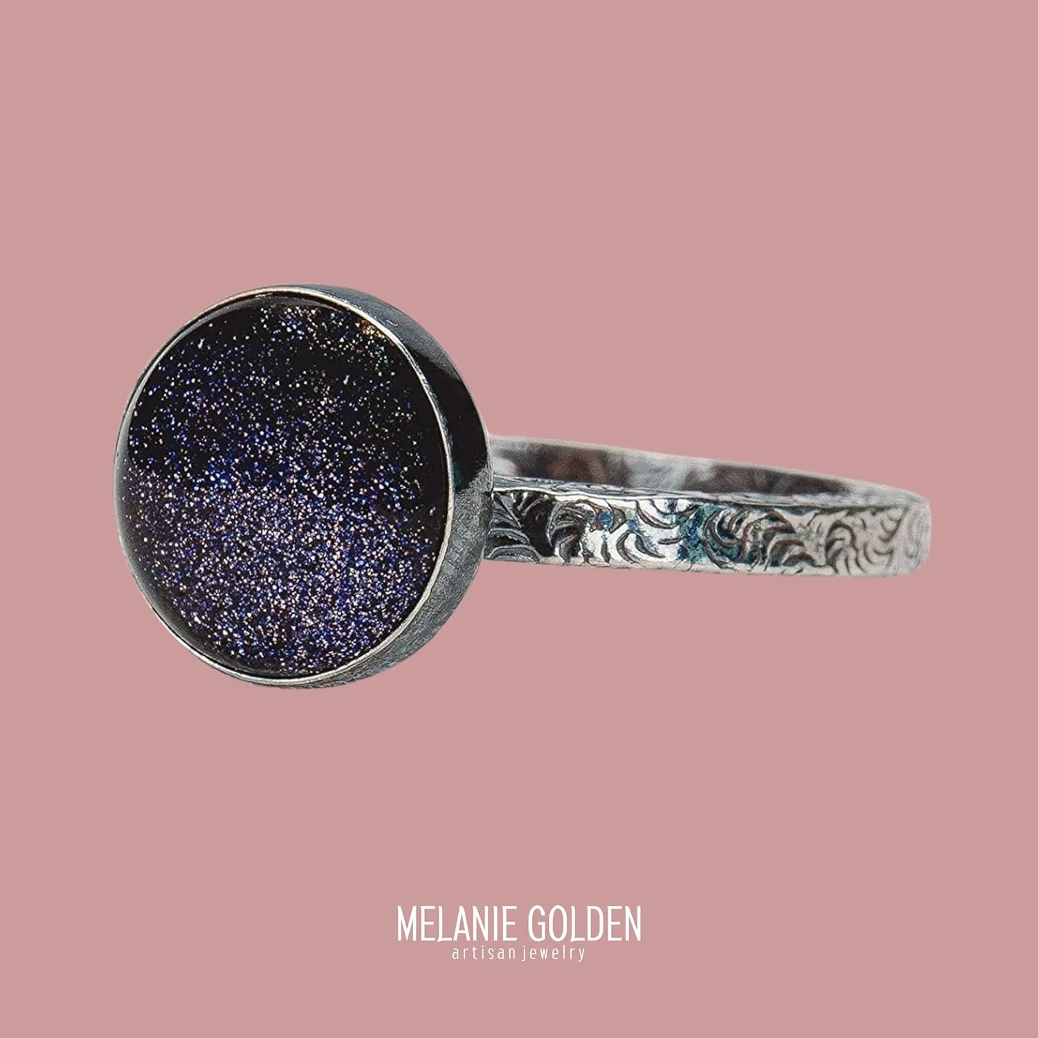 Night Sky Constellation Solitaire Ring with Paisley Pattern Band in Sterling Silver with Blue Goldstone | Star Galaxy Space Jewelry | Comfort Fit USA Sizes 4-12 (8)