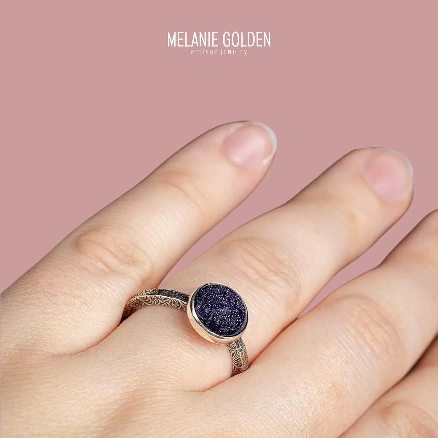 Night Sky Constellation Solitaire Ring with Paisley Pattern Band in Sterling Silver with Blue Goldstone | Star Galaxy Space Jewelry | Comfort Fit USA Sizes 4-12 (8)
