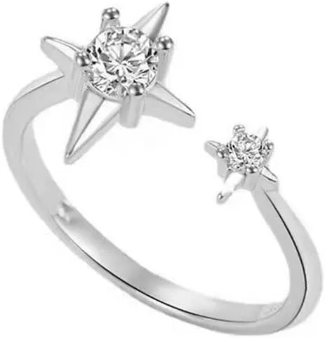 OIDIMS Dainty Silver Star Wrap Open Rings for Women Fashion Sparkly Cubic Zirconia Crystal Luck Star Engagement Adjustable Finger Knuckle Statement Stacking Ring Eternity Promise Simple Party Jewelry