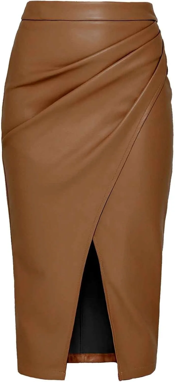 Oplxuo Women's Faux Leather Midi Skirts High Waisted Front Slit Zip Back Ruched Bodycon Party Club Long Skirt