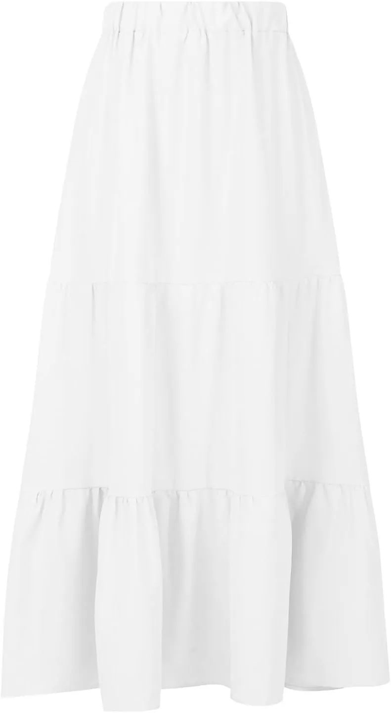 Oplxuo Women's Maxi Skirts Summer 2024 Casual Boho Elastic High Waist Ruffle Flowy Skirt Tiered Long Beach Skirt with Pockets