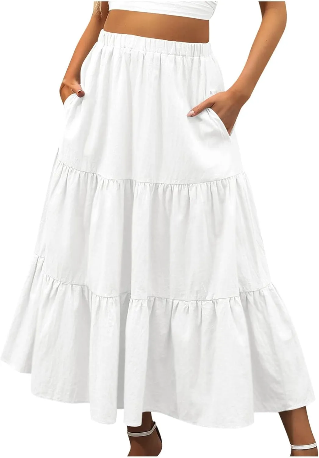 Oplxuo Women's Maxi Skirts Summer 2024 Casual Boho Elastic High Waist Ruffle Flowy Skirt Tiered Long Beach Skirt with Pockets