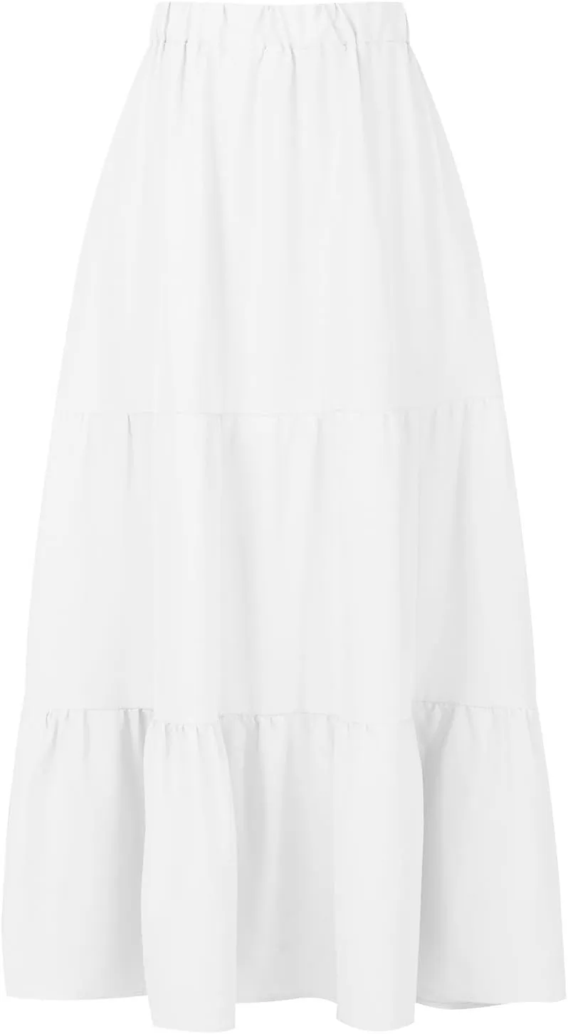 Oplxuo Women's Maxi Skirts Summer 2024 Casual Boho Elastic High Waist Ruffle Flowy Skirt Tiered Long Beach Skirt with Pockets