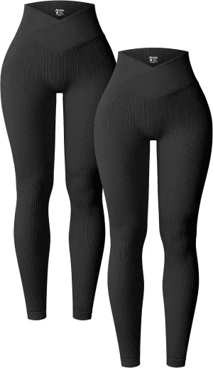 OQQ Women's 2 Piece Yoga Leggings Ribbed Seamless Workout High Waist Cross Over Athletic Exercise Leggings