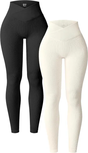 OQQ Women's 2 Piece Yoga Leggings Ribbed Seamless Workout High Waist Cross Over Athletic Exercise Leggings