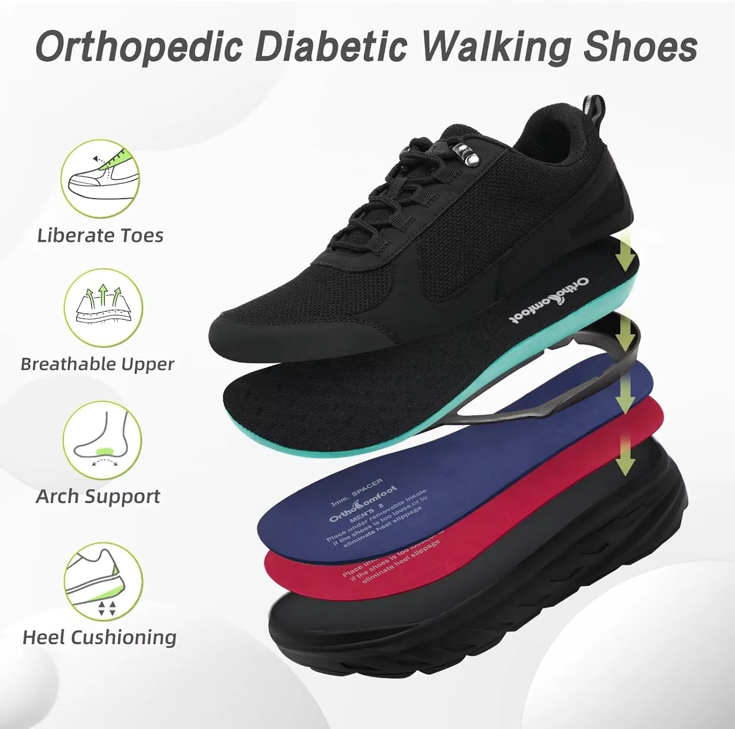 OrthoComfoot Men's Orthopedic Diabetic Wide Walking Shoes: Comfortable Plantar Fasciitis Fashion Sneakers with Arch Support for Swollen, Casual Hammer Toes Shoes for Foot and Heel Pain Relief