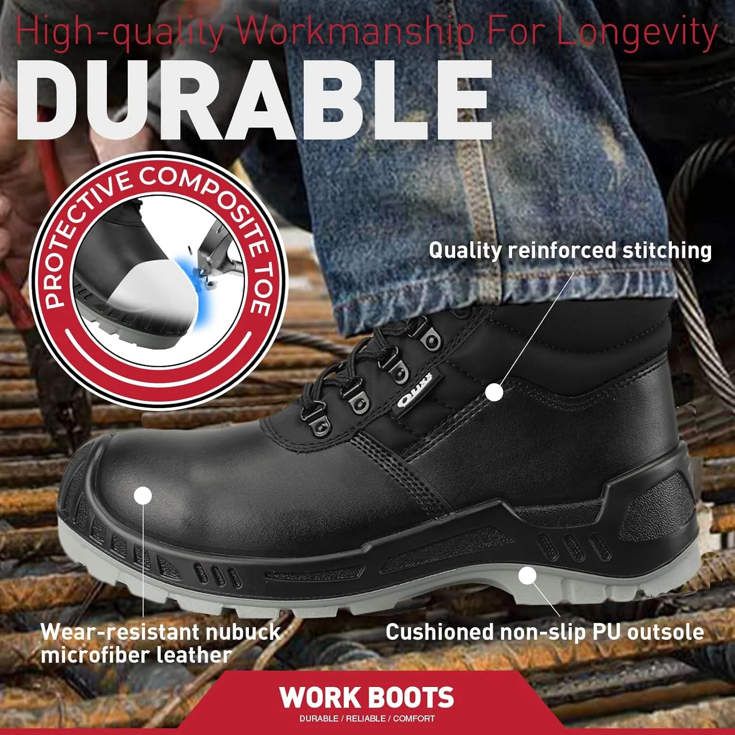 OUXX Men's Composite Toe Work Boots, ASTM F2413-18 Safety Shoes, Slip-Resistant Boot,Comfortable Work Shoes for Men (OX4501)
